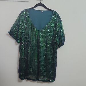 Green Sequin V-Neck Top